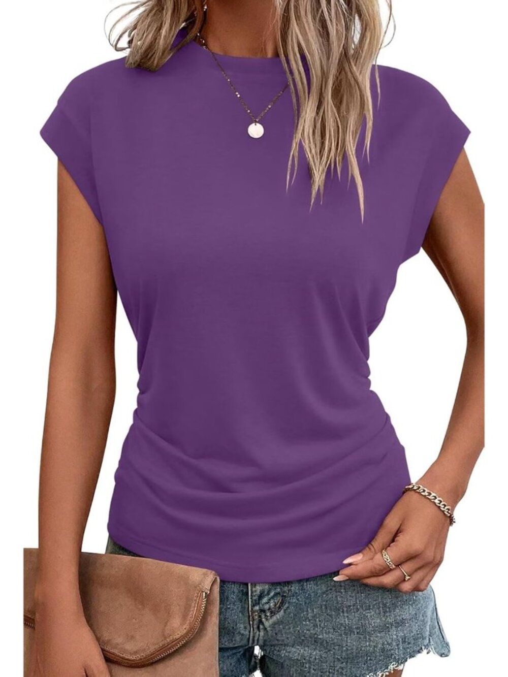 Women's Amethyst Short Sleeve Crew Neck Imported Outfits Tops Pull On T Shirts